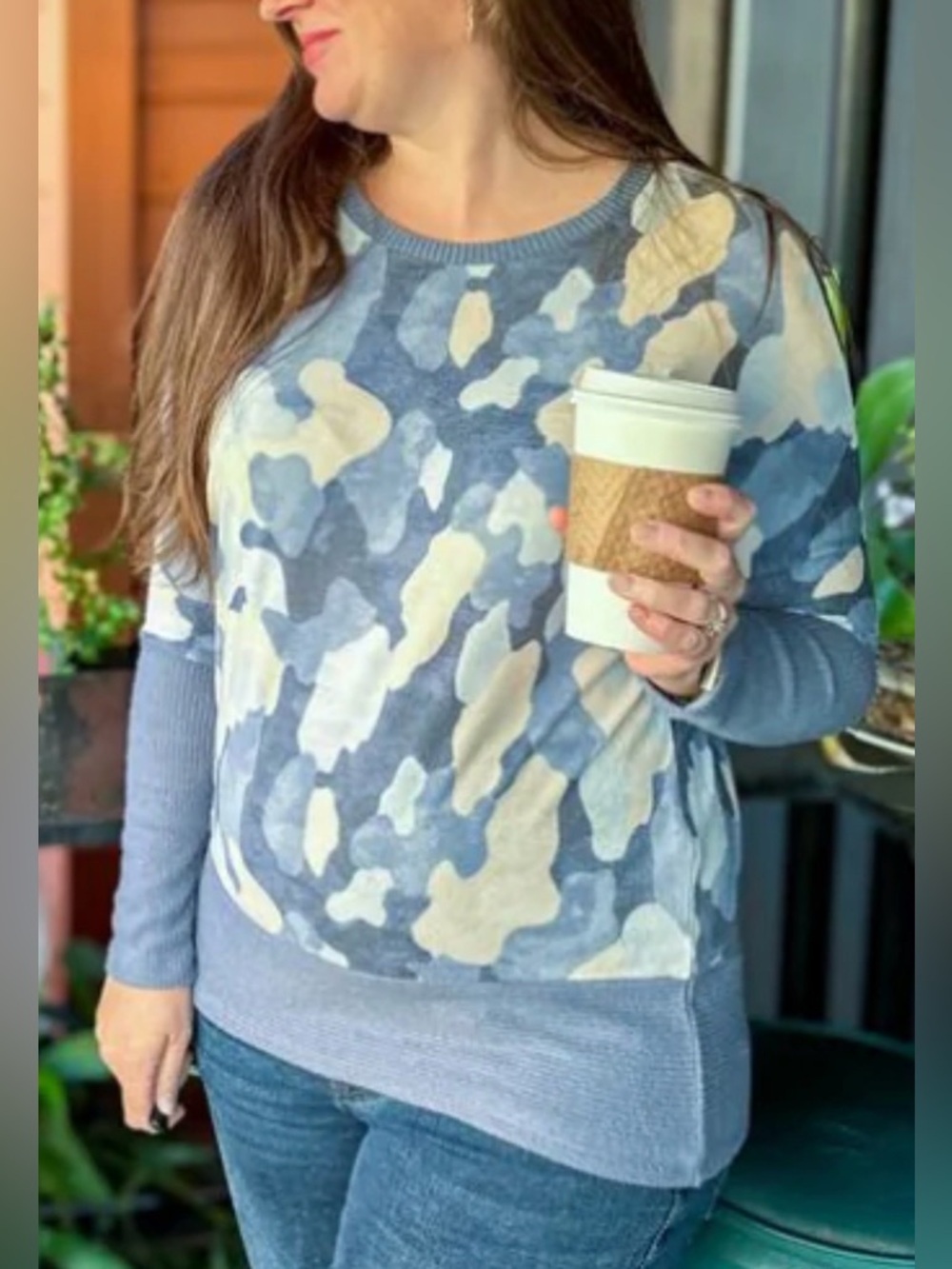 LuLaRoe Tammy Stonewashed Drift Camo Top Blue Large NWT IN PACKAGE